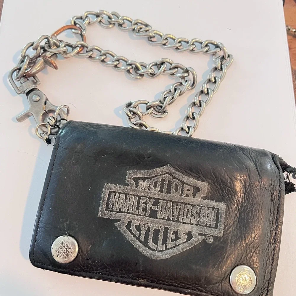 Harley-Davidson Mens Black Leather Trifold Trucker Biker Chain Wallet Logo Snap‎